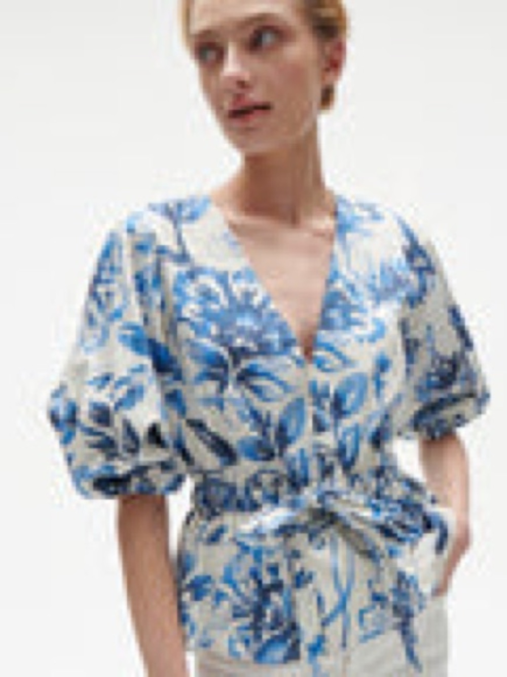 FIGUE Blue Floral Peplum Tie-Waist Blouse